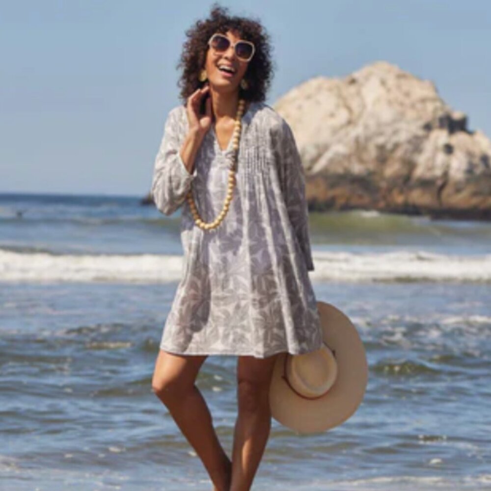 RockFlowerPaper - Palm Leaves Grey Blu Cotton Pintuck Beach Cover Up